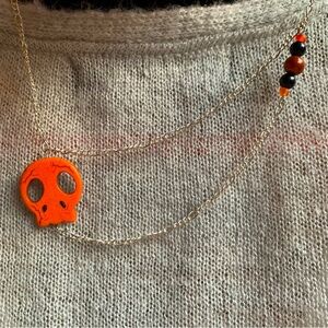 3x25$ 👻 🎃 🧟 Handmade - Short necklace asymmetrical skull double chains orange